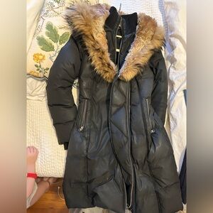Mackage Black Down Puffer Coat with Tan Faux Fur Trim